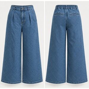 Wide Leg Denim Quilted Pants Women M‎ NEW Diamond Stitch Coastal Grandma Boho